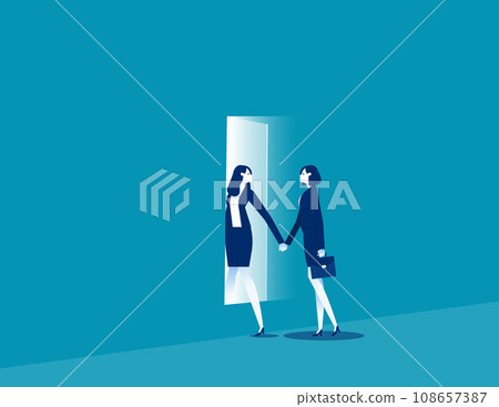 Two person holding hands and walking through rectangular opening in wall. Business vector illustration 108657387