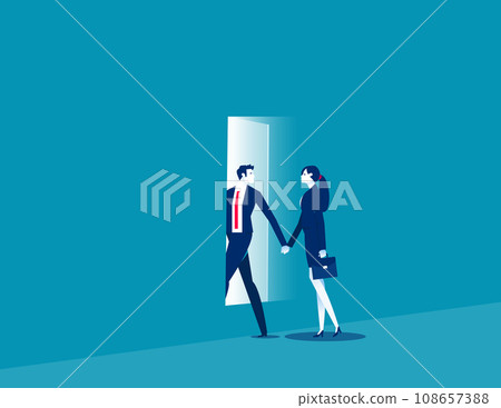 Two person holding hands and walking through rectangular opening in wall. Business vector illustration 108657388