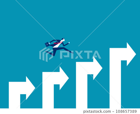 Businessman jump on graph columns. Ambition and success concept Businessman jump on graph columns. Ambition and success concept 108657389