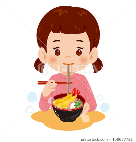 Girl eating shrimp tempura soba Girl eating shrimp tempura soba 108657721