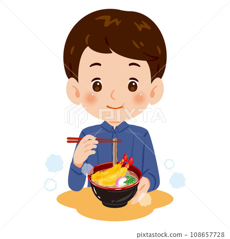 一個男人吃蝦天婦羅蕎麥麵 108657728