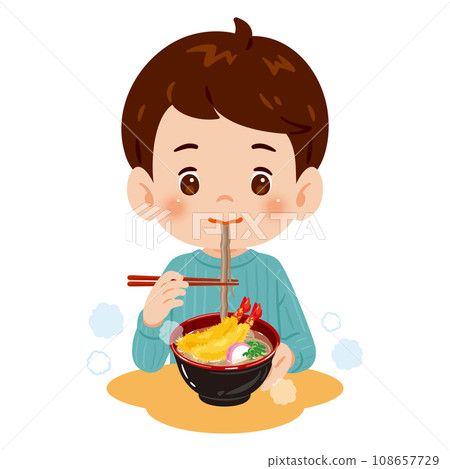 Boy eating shrimp tempura soba Boy eating shrimp tempura soba 108657729