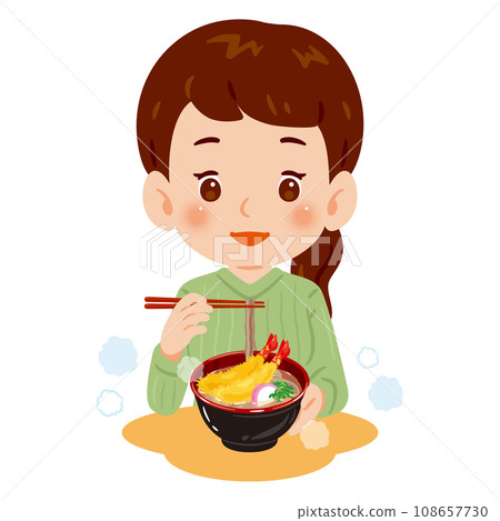 A woman eating shrimp tempura soba 108657730