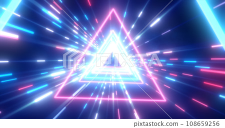 Abstract purple energy futuristic hi-tech tunnel of flying triangles and lines neon magic glowing background Abstract purple energy futuristic hi-tech tunnel of flying triangles and lines neon magic glowing background 108659256