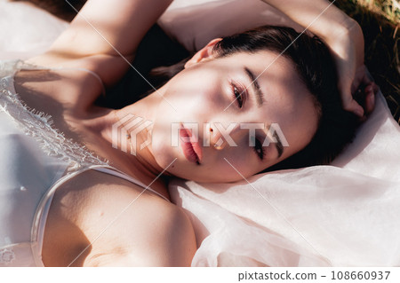 Beauty image of a woman lying on a meadow in the evening 108660937