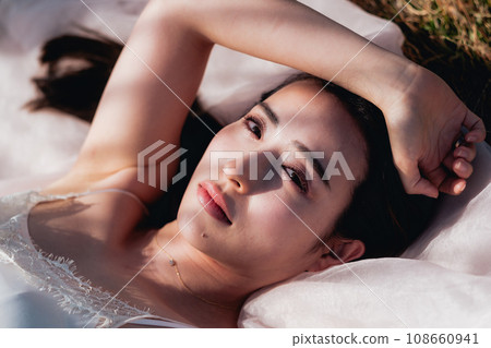 晚上躺在草地上的女人美麗的形象 晚上躺在草地上的女人美麗的形象 108660941