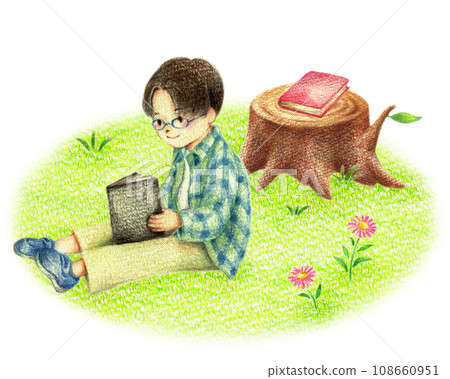 A boy wearing glasses reading in a field, hand-drawn colored pencil drawing 108660951