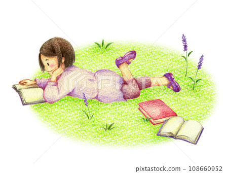 Girl lying down reading in the field, hand-drawn colored pencil drawing 108660952