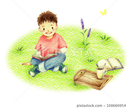 Hand-drawn colored pencil drawing of a boy with his legs crossed reading in the field 108660954