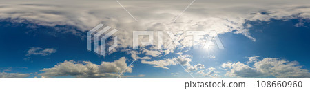 Blue summer sky panorama with Cumulus clouds. Seamless hdr spherical 360 panorama. Zenith or sky dome in 3D visualization, sky replacement for aerial drone 360 panoramas. Weather and climate change 108660960
