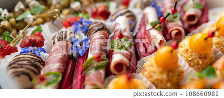 Catering service. Set of beautiful canapes. Buffet table. Shallow depth of view. 108660981