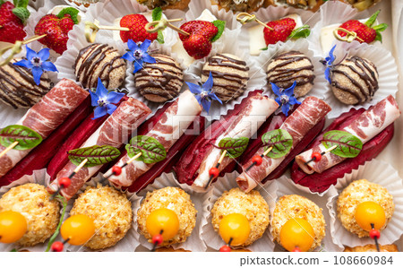 Catering service. Set of beautiful canapes. Buffet table. Shallow depth of view. 108660984
