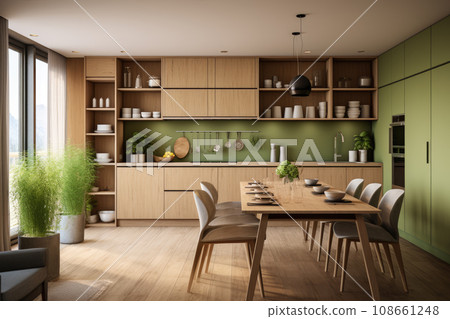 Generation AI. A sleek and modern bright kitchen with minimalist style and sophistication. Scandinavian style. 108661248