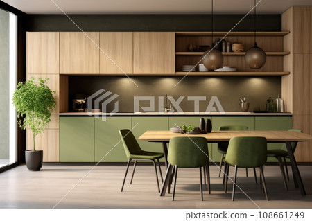 AI generation. Sleek and modern, the dark kitchen exudes industrial flair and sophistication. 108661249