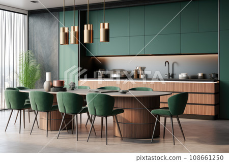 AI generation. Sleek and modern, the dark kitchen exudes industrial flair and sophistication. 108661250