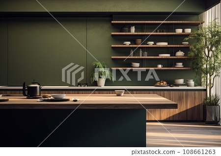 AI generation. Sleek and modern, the dark kitchen exudes industrial flair and sophistication. AI generation. Sleek and modern, the dark kitchen exudes industrial flair and sophistication. 108661263