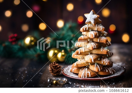 AI-generated content. Gingerbread tree on a decorated table with Christmas tree in the background AI-generated content. Gingerbread tree on a decorated table with Christmas tree in the background 108661612