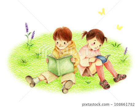 男孩和女孩在田野裡讀書,手繪彩色鉛筆畫 男孩和女孩在田野裡讀書,手繪彩色鉛筆畫 108661782