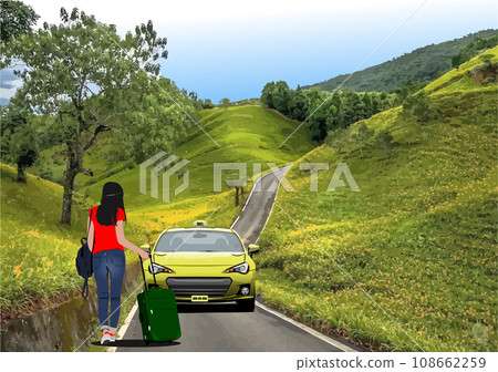 A young girl with a suitcase stops a taxi on country background. 3d vector color illustration A young girl with a suitcase stops a taxi on country background. 3d vector color illustration 108662259