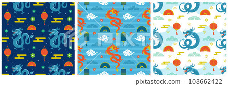 Happy Chinese New Year 2024 Seamless Pattern Design. Translation : Year of the Dragon. with Lantern, Dragons and China Elements in Flat Illustration 108662422