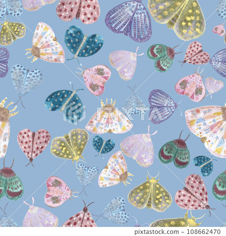 Hand painted watercolor delicate moth pattern on blue background 108662470