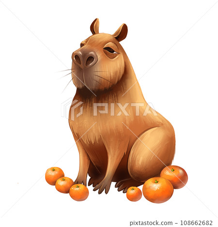 Funny capybara with oranges. Cartoon capibara character. Illustration, isolated on white 108662682