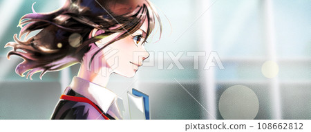 職業婦女側面的插圖，面向右側，背景辦公區，無季節，有文件和帶子，右側有空間 108662812