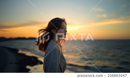 Woman walking on the beach at sunset 108663047