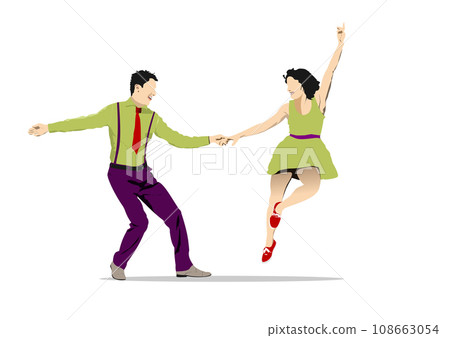 Dynamic portrait of couple of dancers in vintage retro style outfits dancing lindy hop dance isolated on white background. 3d vector illustration 108663054