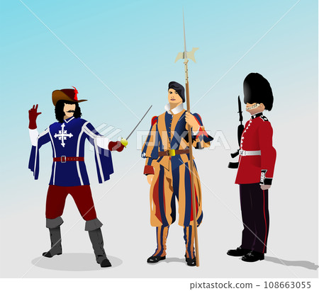 French Musketeer, Vatican Swiss Guard and London Royal Guard. 3d color vector illustration 108663055