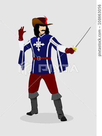 Young man with a sword dressed as musketeer. 3d vector color illustration 108663056