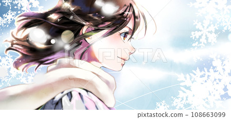 側向右側的女學生插圖，冬天，有背景，右側有空間 108663099