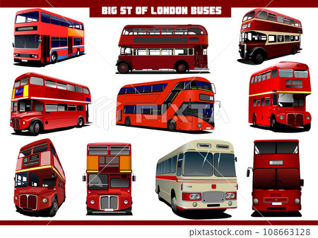 Big set of London double Decker sightseeing red bus. Vector 3d illustration Big set of London double Decker sightseeing red bus. Vector 3d illustration 108663128
