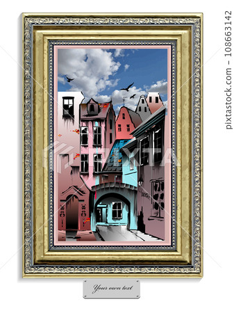 Oil Painting of Medieval European Old Town. 3d color vector illustration 108663142