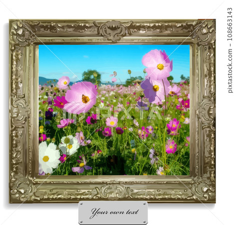 Oil painting with flowers in an old frame. 3d color vector illustration 108663143