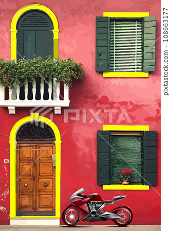 Old Italian red facade with motorcycle near the wall. 3d color vector illustration Old Italian red facade with motorcycle near the wall. 3d color vector illustration 108663177