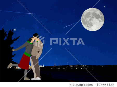 Happy couple romantically kissing at night under moonlight. 3d vector illustration 108663188