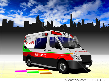 Modern ambulance van on city panorama. Vector Colored 3d illustration 108663189
