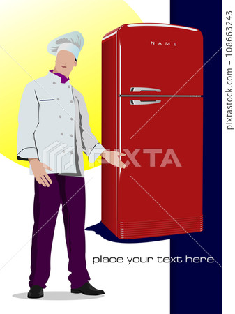 Chef cook and refrigerator. Vector 3d illustration 108663243