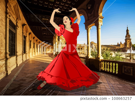Beautiful young woman dancing flamenco. Vector 3d illustration 108663257