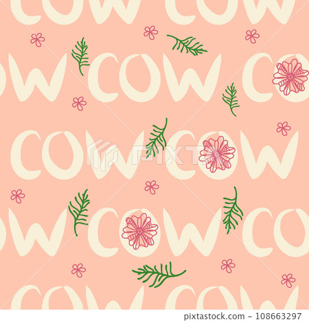 Dancing cow in the meadow cute seamless pattern, splashes of milk and the inscription Milk, Cow, Love. Flat Dancing cow in the meadow cute seamless pattern, splashes of milk and the inscription Milk, Cow, Love. Flat 108663297