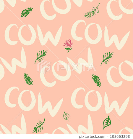 Dancing cow in the meadow cute seamless pattern, splashes of milk and the inscription Milk, Cow, Love. Flat Dancing cow in the meadow cute seamless pattern, splashes of milk and the inscription Milk, Cow, Love. Flat 108663298