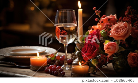a candlelit dinner table with two glasses of wine and a bouquet of flowers in the center. 108663403