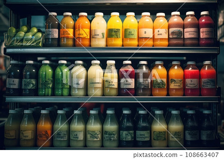 many juices on fruit bars in a grocery store. many juices on fruit bars in a grocery store. 108663407