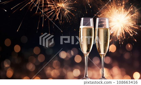 sparkling champagne glass set against a backdrop of vibrant fireworks sparkling champagne glass set against a backdrop of vibrant fireworks 108663416