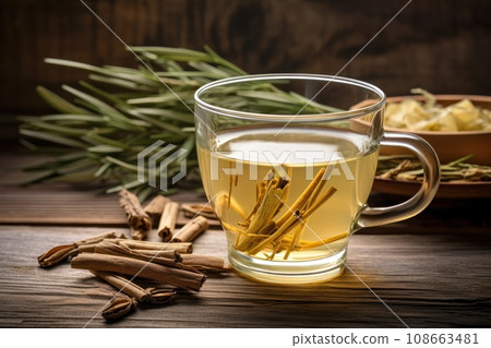 dry chamomile flowers and Homemade Herbal Tea on a Wooden Table 108663481