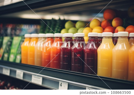 many juices on fruit bars in a grocery store many juices on fruit bars in a grocery store 108663500