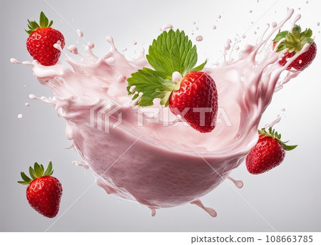 strawberry splashing into milk 108663785