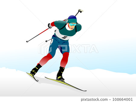 Biathlon runner colored silhouette. Shooting. Vector 3d illustration Biathlon runner colored silhouette. Shooting. Vector 3d illustration 108664001