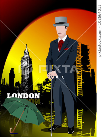 London gentleman on city background. Color 3d vector illustration London gentleman on city background. Color 3d vector illustration 108664013